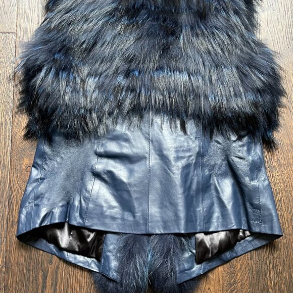 NWOT Leather Vest Navy Blue Real Fox Fur S size - Picture 10 of 16